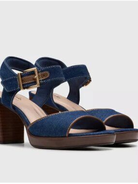 Clarks Collection Leather Heeled Sandals-Ambyrlyn Faye-Dark Denim-10M-A678873